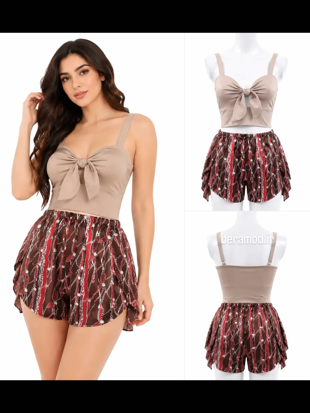 ست نیم تنه گره‌ای و شلوارک لاله‌ای ساتن